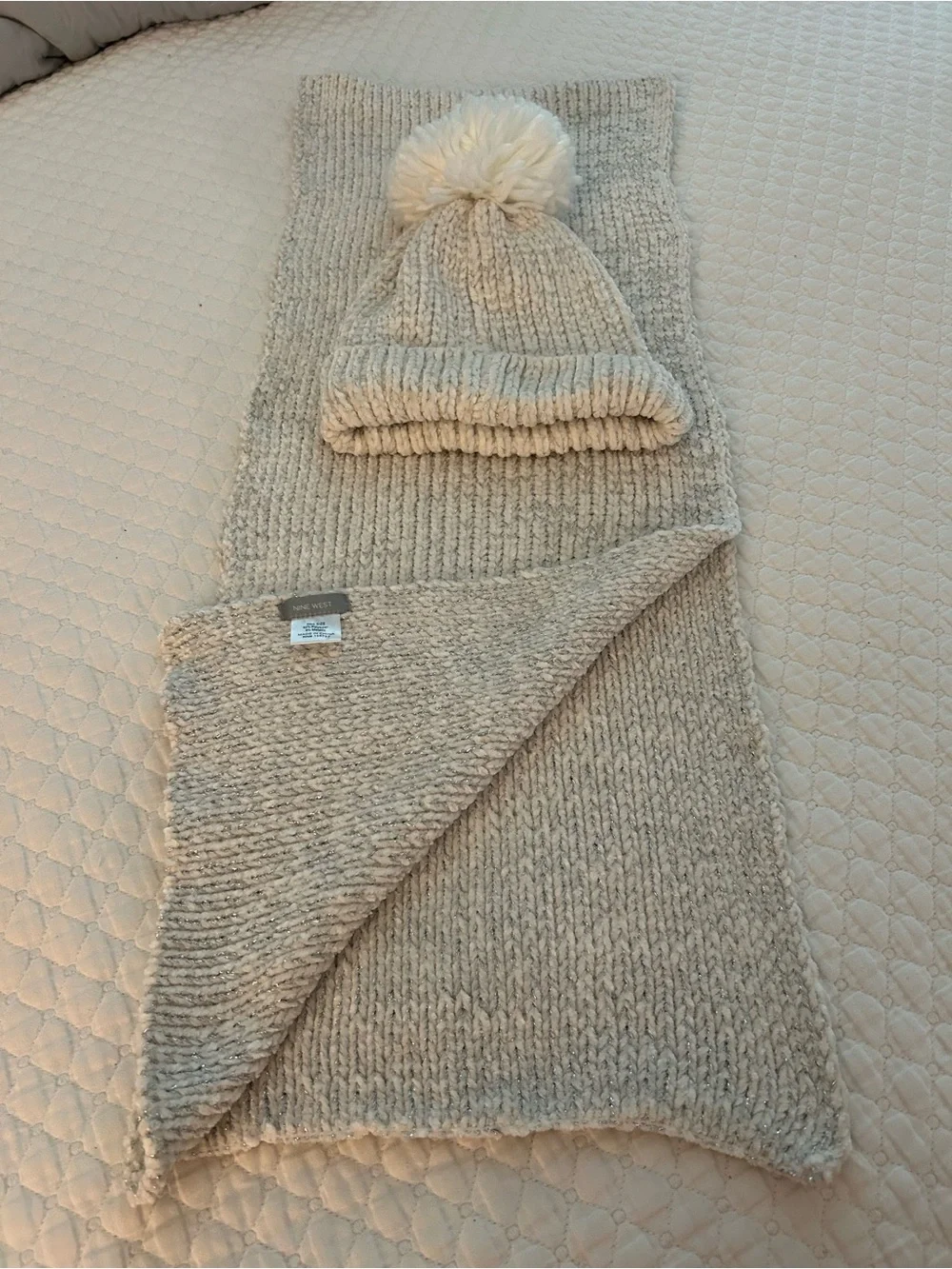 Cozy Cream Knit Pom Beanie & Scarf Set